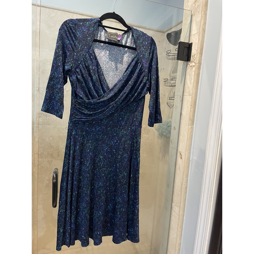 Leota Moc Wrap Dress Womens L Large Blue Green Geometric Stretch 3/4 Sleeve
